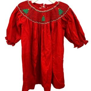 Will Beth Red‎ Smocked Christmas Tree Dress Size 3 Holiday Festive